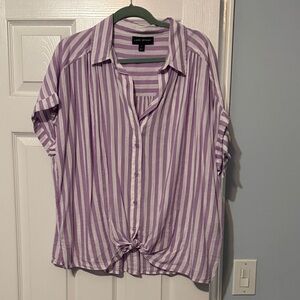Lane Bryant Purple and White Striped Button-Front Tie Hem Shirt
